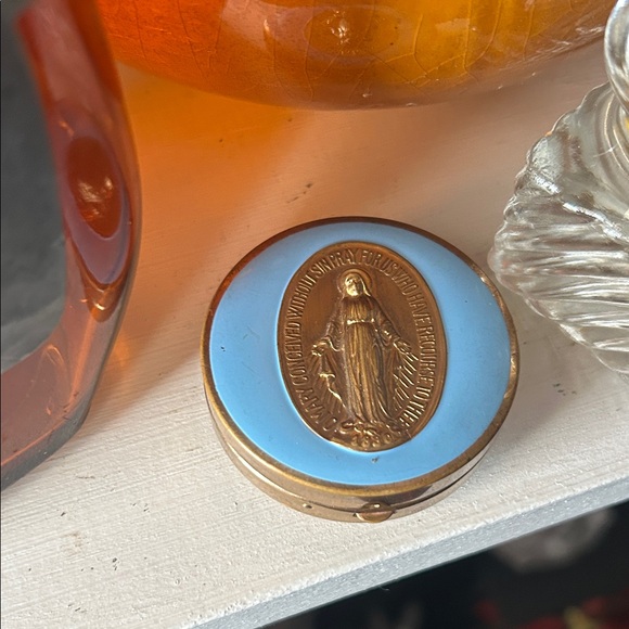 Vintage Accessories - Vintage Blue Enamel Virgin Mary Religious Trinket Pill Box or Rosary Holder